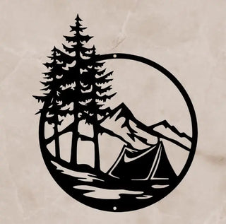 A metal sign with a tent, mountains and trees.