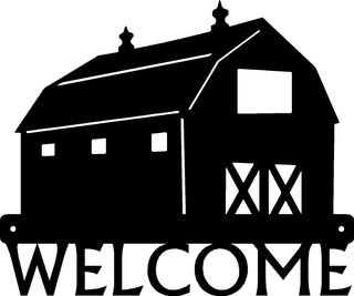 A silhouette of a barn with the word welcome below it.