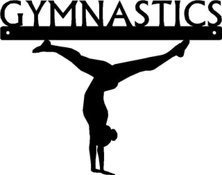 A silhouette of a gymnastic in a handstand with the word GYMNASTICS above it,