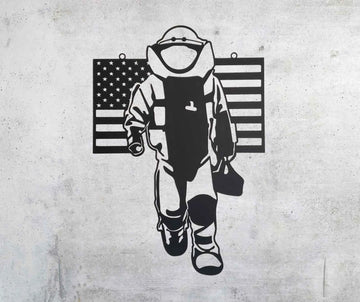 metal art laser cut into design of an EOD tech and US Flag.