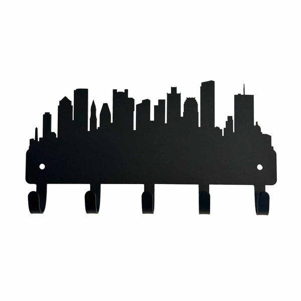 Silhouette of Boston City Skyline, laser cut from metal with 5 hooks for hanging keys