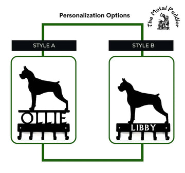 Boxer Dog Leash Holders with 2 different name styles, one above the 5 hooks and one cut into the hook bar.