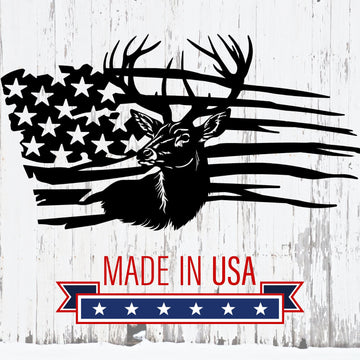 American flag with a deer silhouette and 'Made in USA' text on a wooden background