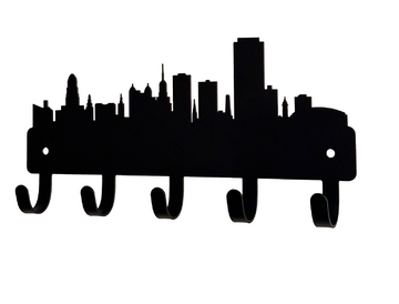 Silhouette of Buffalo New York City Skyline, laser cut from metal with 5 hooks for hanging keys