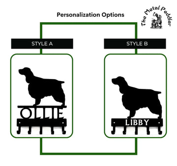 English Springer Spaniel Dog Leash Holders with 2 different name styles, one above the 5 hooks and one cut into the hook bar.