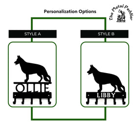 German Shepherd Dog Leash Holders with 2 different name styles, one above the 5 hooks and one cut into the hook bar.