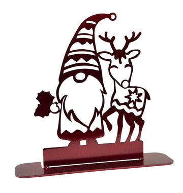 Red gnome and reindeer holiday decor, metal