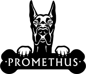 Great Dane Cropped Ear Head and Dog Bone Sign with Custom Name or Numbers The Metal Peddler