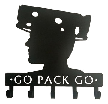 Black silhouette of a person with cheesehead with 'GO PACK GO' text on a white background. For Packers fans