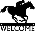 Metal Welcome Sign with Horse and Jockey in a Race