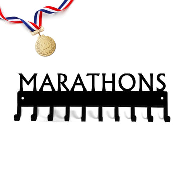 Medal holder with 'MARATHONS' text and a gold medal on a white background