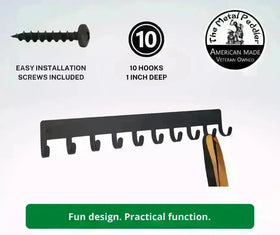 A metal bar with 10 hooks. Easy installation. 10 hooks. 1 inch deep. American made.