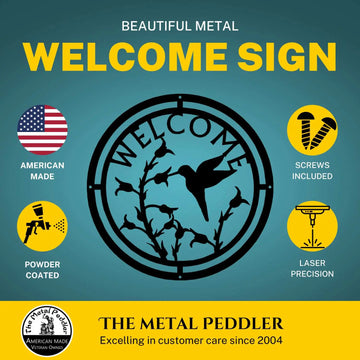 Hummingbird at WildFlowers Round Welcome Sign The Metal Peddler