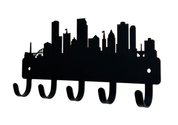 Silhouette of Milwaukee City Skyline, laser cut from metal with 5 hooks for hanging keys