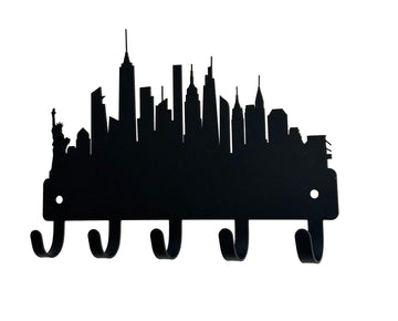 Silhouette of the New York City skyline, laser cut from metal, with 5 hooks for hanging keys.