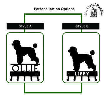 Poodle  Dog Leash Holders with 2 different name styles, one above the 5 hooks and one cut into the hook bar.