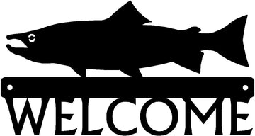 Salmon Silhouette on a bar with the word welcome below- Salmon Fish Welcome Sign
