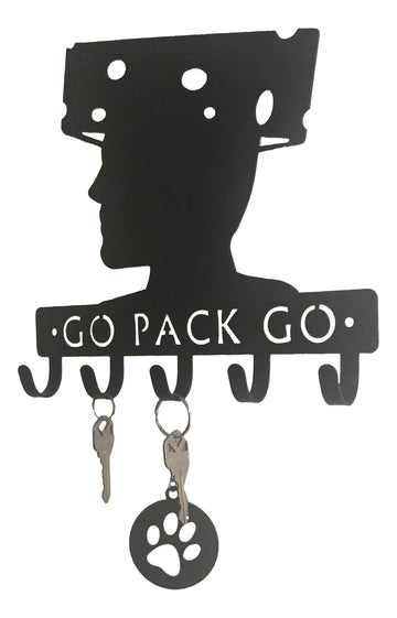 Wall hook with silhouette of a person and 'GO PACK GO' text, featuring key hooks.