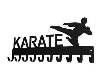10 hook medal rack with "Karate" and figure in flying sidekick form