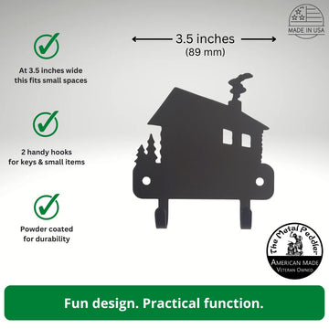 Metal wall hook with house design, featuring text on dimensions and features, on a gray background.