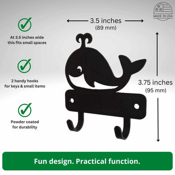 Miniature key hanger with 2 hooks and a cut out whale