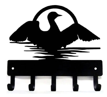 Loon on water Spreading Wings with setting sun in the background  - Key Rack - The Metal Peddler Key Rack bird, key rack, loon, waterfowl, wildlife