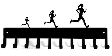 Runner Trio Medal Display shows 3 running women and has 10 hooks for medals.