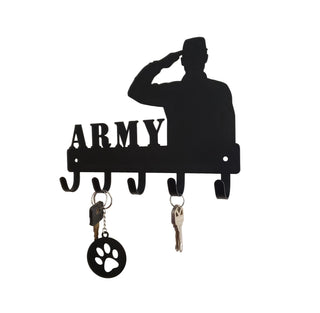 A metal key holder with the word ARMY and the silhouette of a saluting soldier. Below are 5 hooks with keys and a keychain hanging from 2 of the hooks.