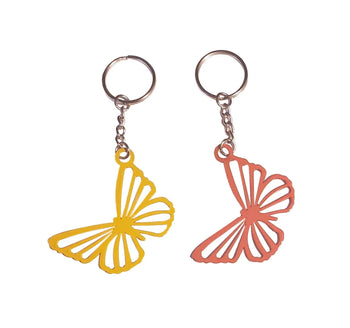 Yellow and orange butterfly keychains. The butterflies are laser cut from metal.