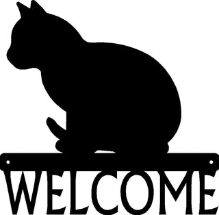 A welcome sign with the silhouette of a sitting cat.