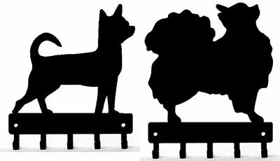 A short haired and long haired Chihuahua silhouettes on leash hangers with 5 hooks. 