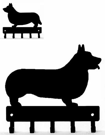A cardigan Welsh corgi and Pembroke Welsh corgi, both with hooks for hanging keys
