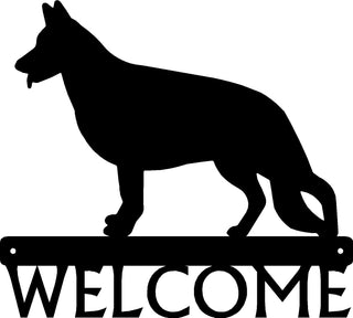 Silhouette of a German sheperd dog on a welcome sign