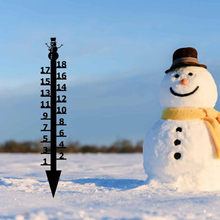 A snowman next to a snow gauge with a metal snowman on top