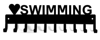 A medal hanger with 10 hooks, the word Swimming and a heart are above the hooks