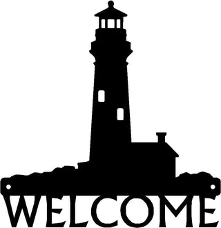 A welcome sign with the silhouette of a lighthouse