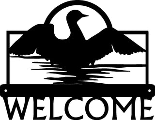 A welcome sign with a loon on the water opening its wings to fly