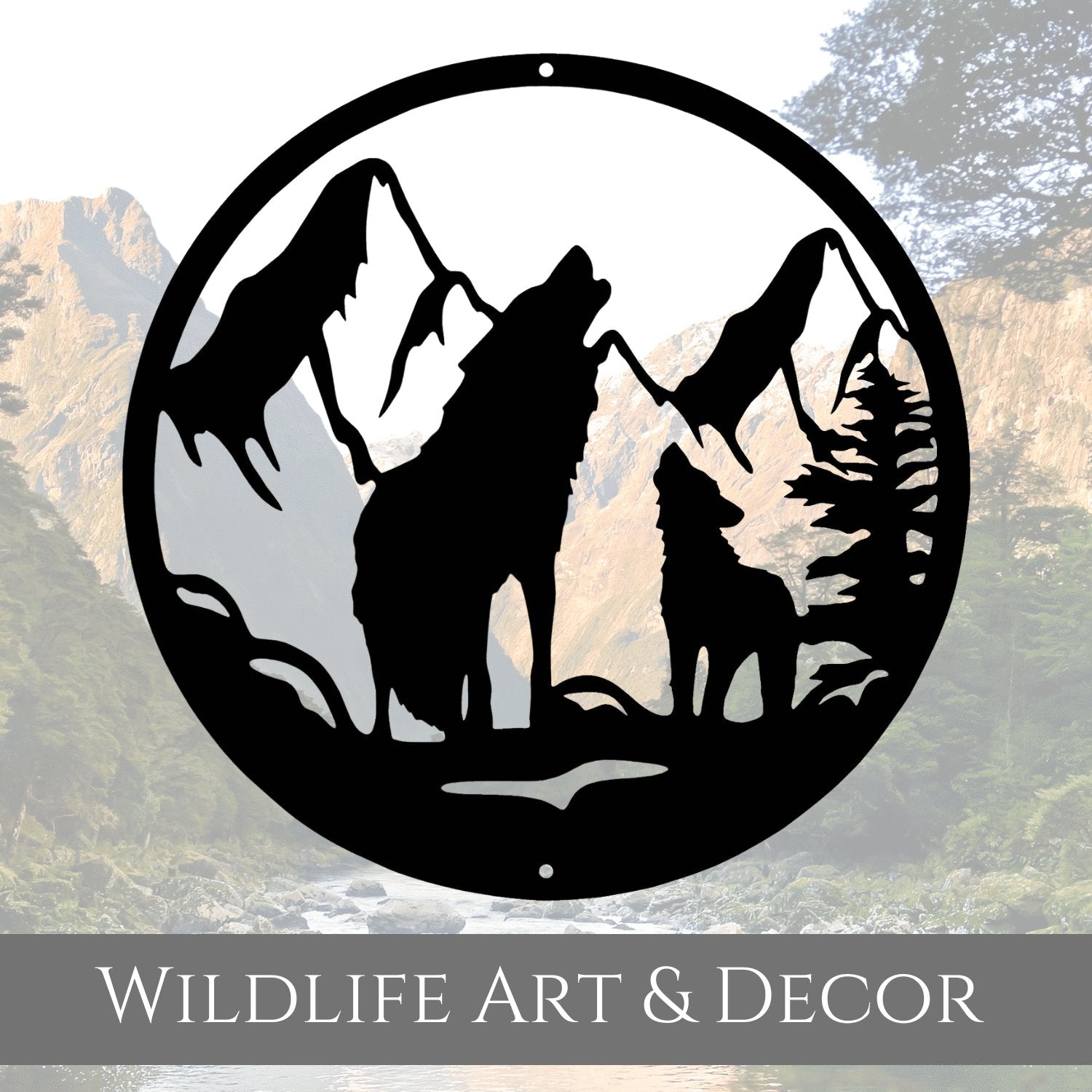 Silhouette of a howling wolf and pup in the mountains. Caption says Wildlife Art and Decor