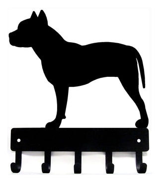 A metal leash hanger with the silhouette of a pit bull terrier dog.