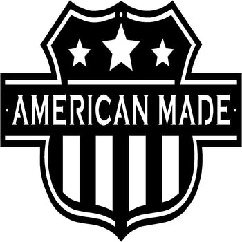 A metal shield with stars and stripes. It says American Made.