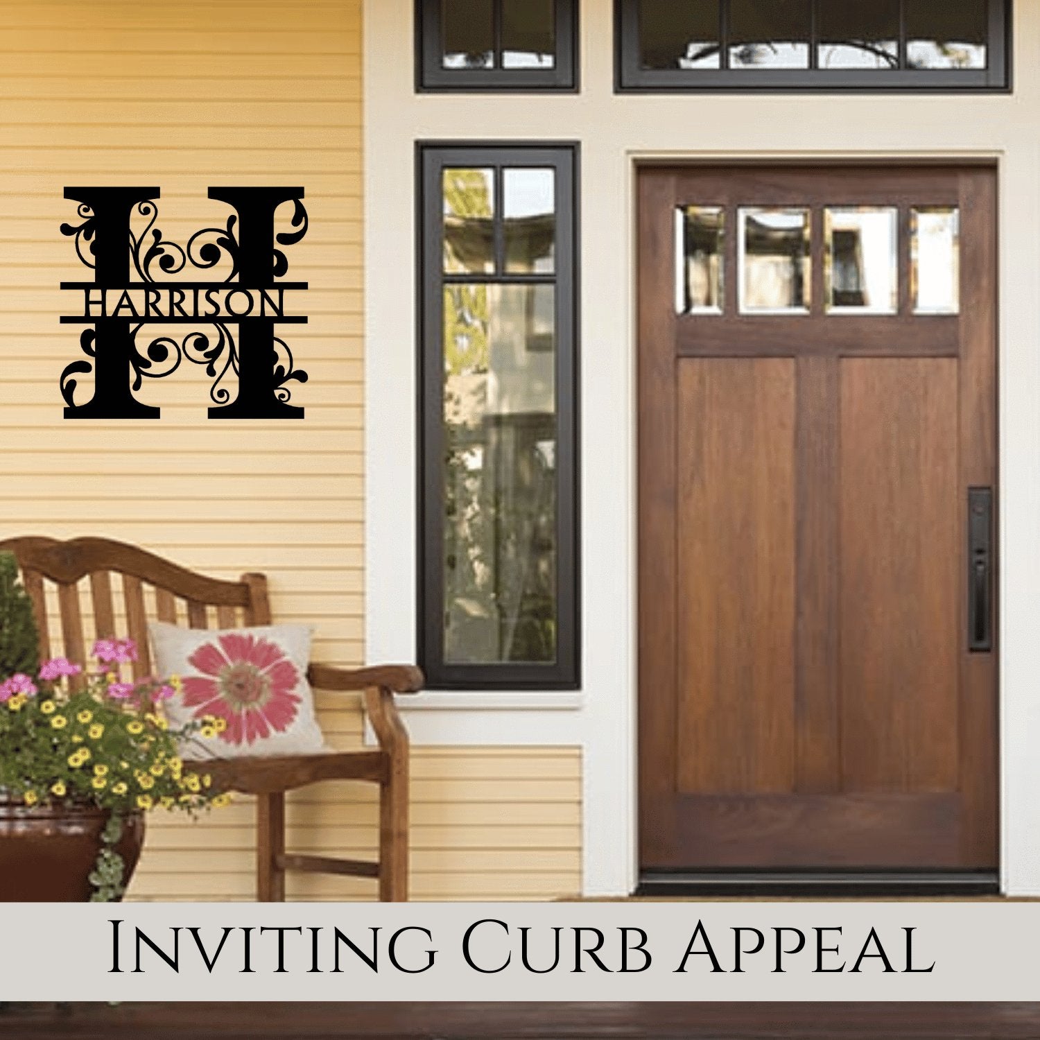 A front porch with a bench and planter. On the wall is the letter H with scroll design and the name Harrison. Underneath it says Inviting Curb Appeal