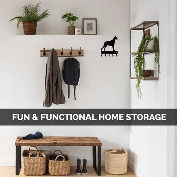 A foyer with a doberman key holder and the phrase Fun and Functional Home Storage