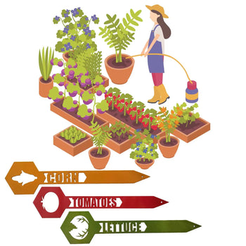 An illustration of a woman watering plants, and 3 metal plant tags that say corn, tomatoes, lettuce.