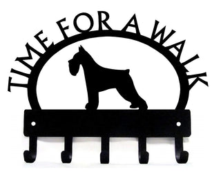 A leash holder with a miniature schnauzer silhouette. It says Time for a walk. It has 5 hooks.