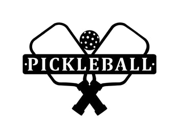 Black pickleball sign with crossed paddles and a ball