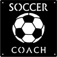 A metal sign with a soccer ball design and the words Soccer Coach