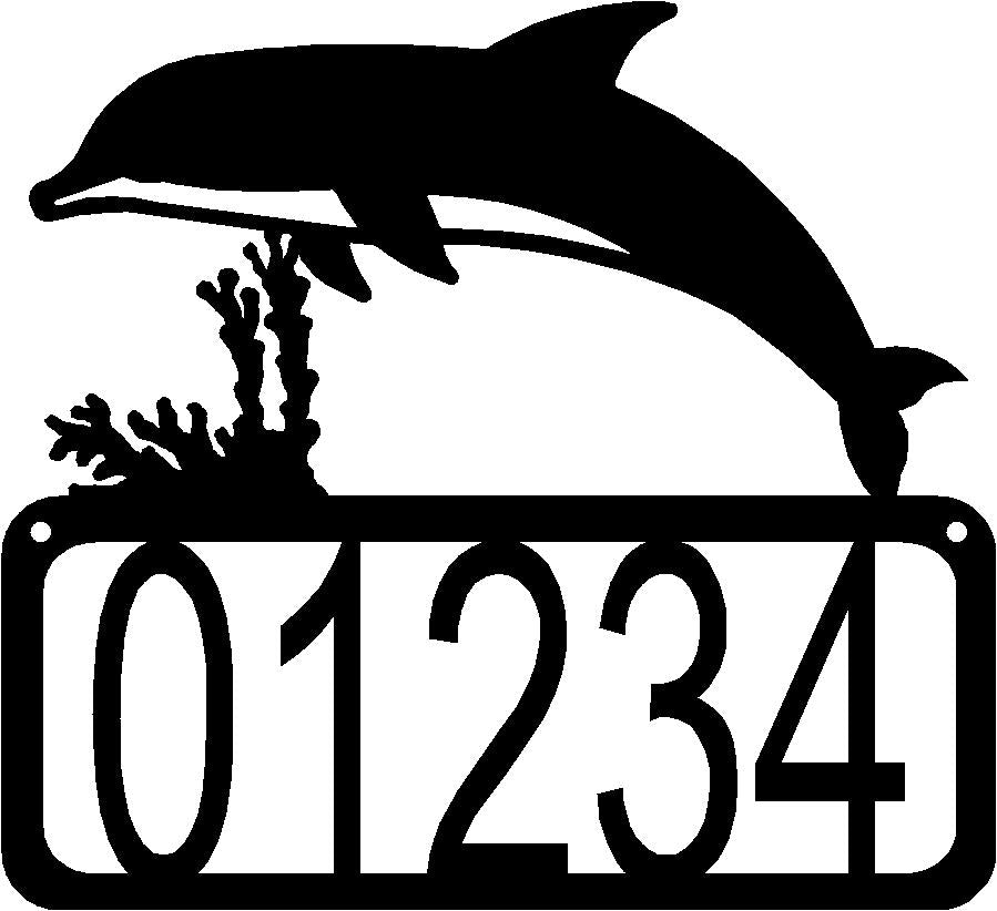 Address sign that shows a leaping dolphin and coral.