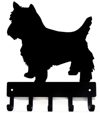 A yorkie silhouette with a trim coat design, and 5 hooks for hanging keys and leashes.