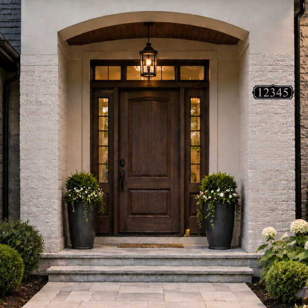 A front porch entryway with a dark wood front door, stone columns, a hanging lantern light, two large potted green plants on the steps, and a house number plaque reading 12345.