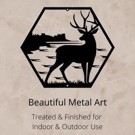 Hexagon with Buck and Lake Background-Majestic Buck Hexagon Silhouette Wall Art